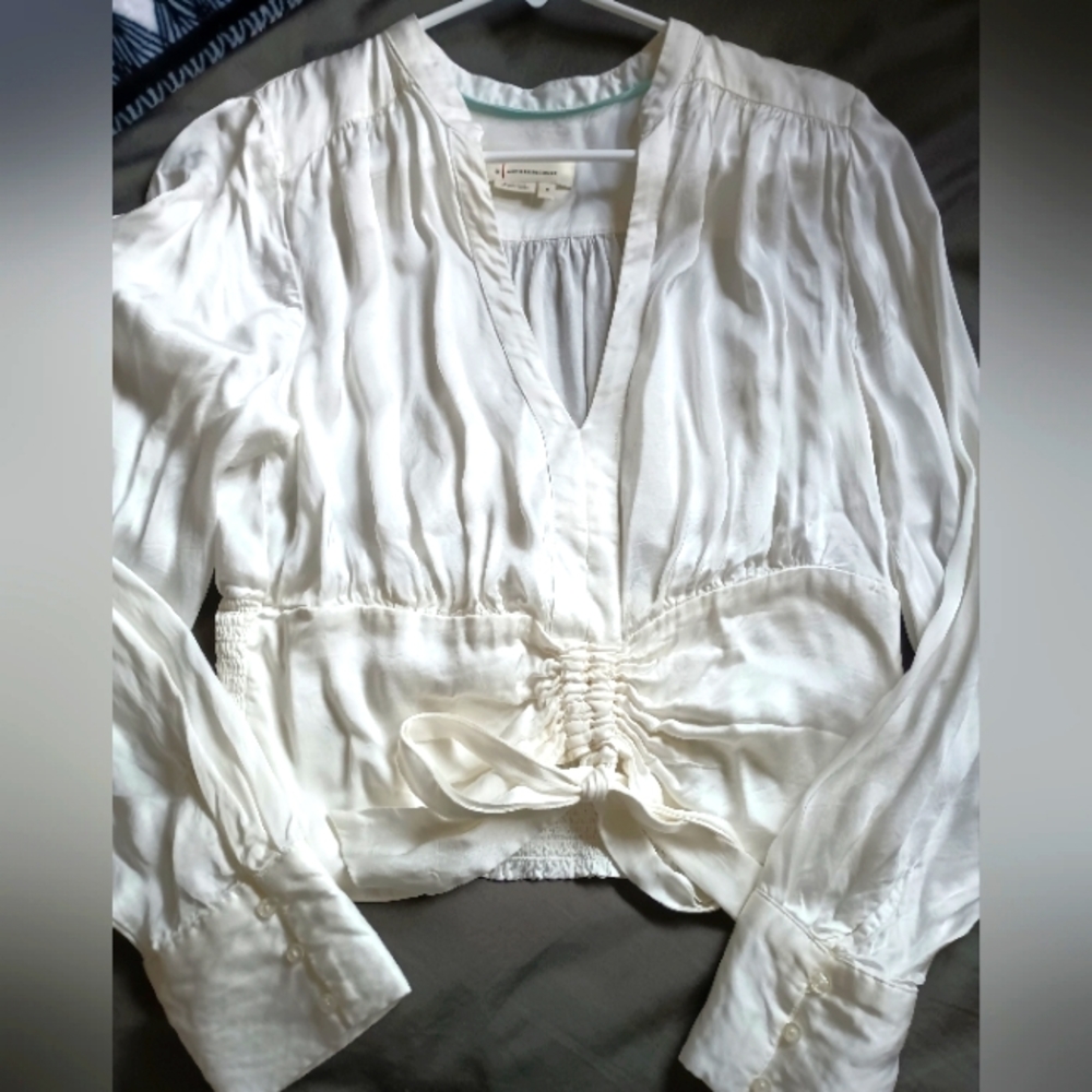 Anthropologie White Long Sleeve Ruched Blouse